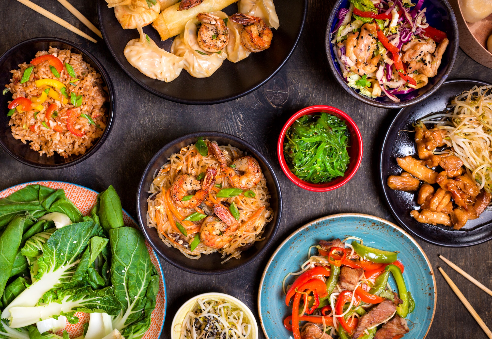 Chinese food on a dark table