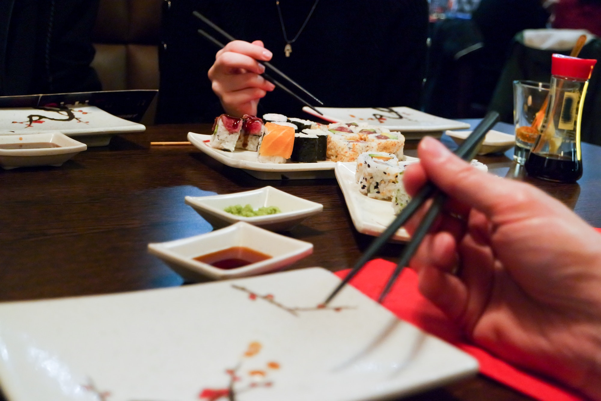 Eating sushi in the restaurant